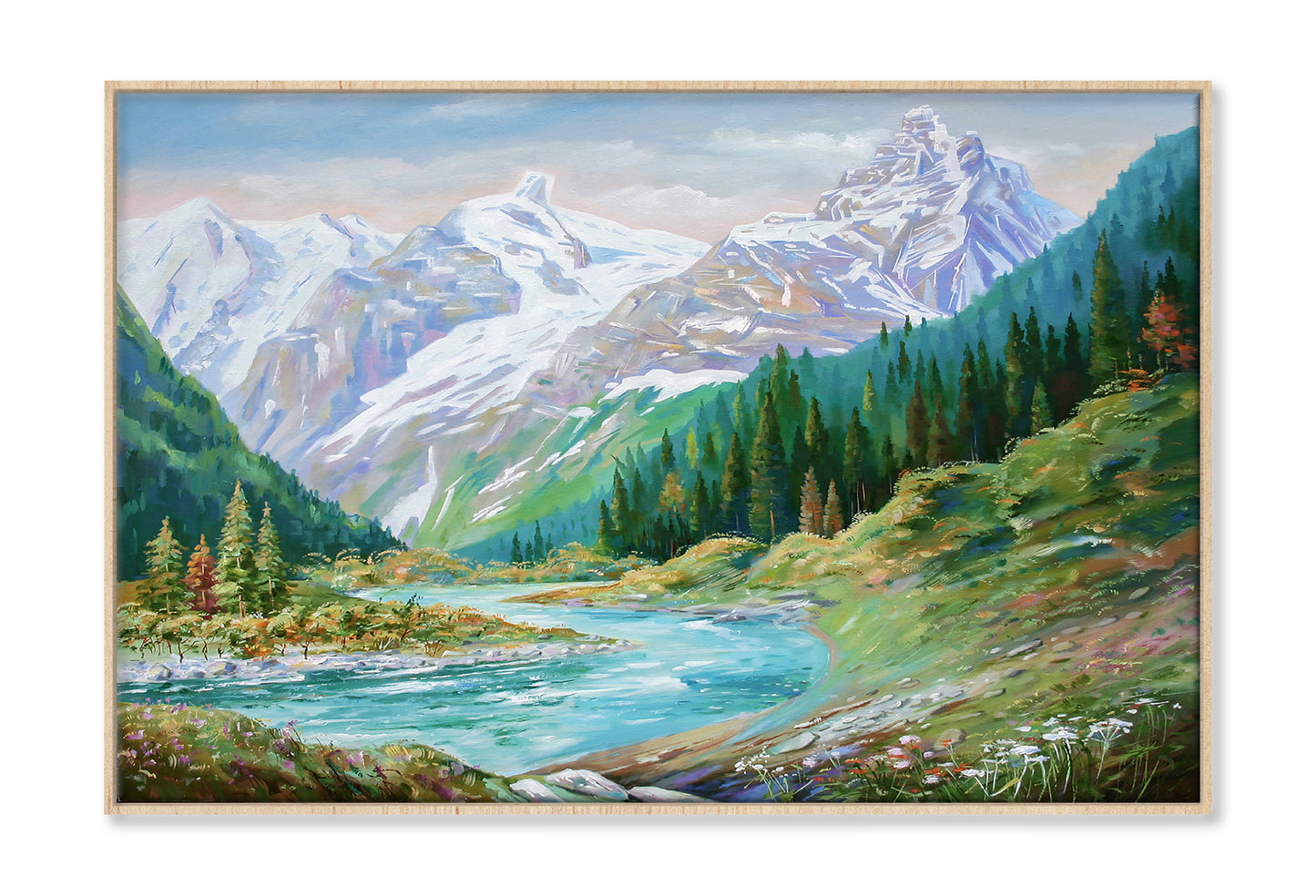 Teberda River & Caucasus Mountains Watercolor Painting Wall Art Limited Edition High Quality Print Canvas Box Framed Natural