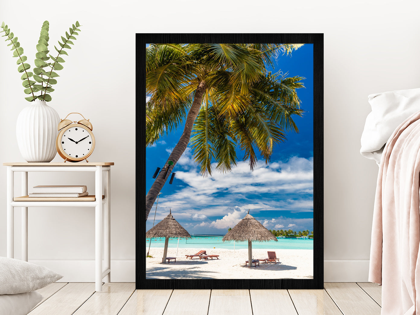 Palm Tree & Beach Huts in Tropical Beach Glass Framed Wall Art, Ready to Hang Quality Print Without White Border Black
