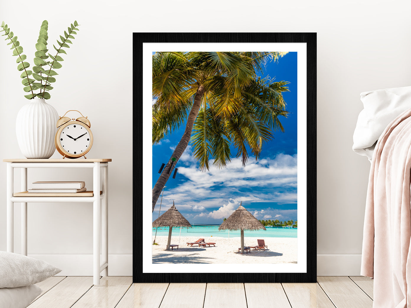 Palm Tree & Beach Huts in Tropical Beach Glass Framed Wall Art, Ready to Hang Quality Print With White Border Black