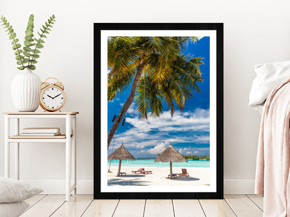 Palm Tree & Beach Huts in Tropical Beach Glass Framed Wall Art, Ready to Hang Quality Print With White Border Black