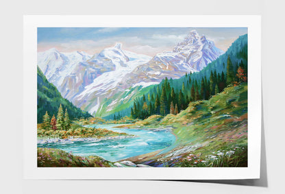 Teberda River & Caucasus Mountains Watercolor Painting Wall Art Limited Edition High Quality Print Unframed Roll Canvas None