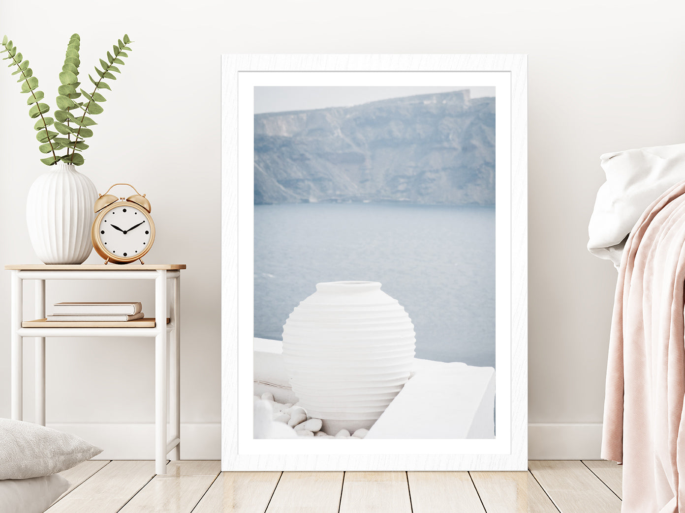 White Pot near Sea Photograph Glass Framed Wall Art, Ready to Hang Quality Print With White Border White