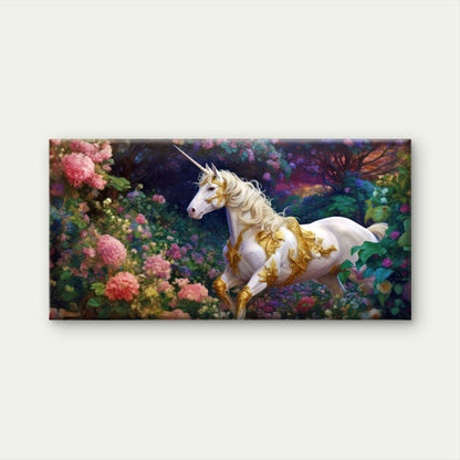 Golden White Unicorn In Flower Garden Wall Art Canvas Office Home Framed 120x60cm