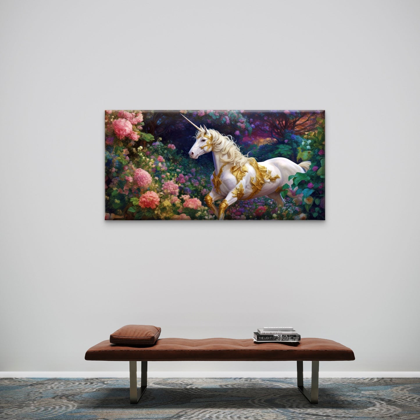 Golden White Unicorn In Flower Garden Wall Art Canvas Office Home Framed 120x60cm