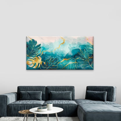 Abstract Teal Gold Tropical Monstera Wall Art Canvas Office Home Framed 120x60cm