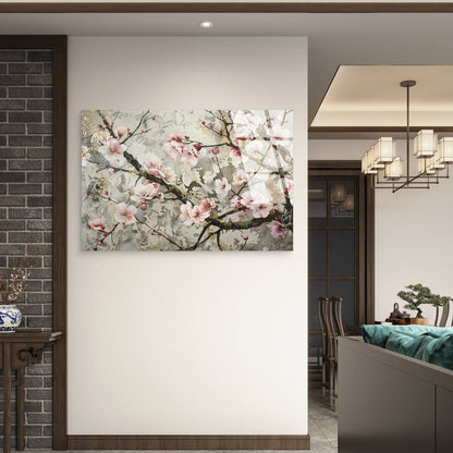 Pink Cherry Blossom Grey Marble Glass Printing Wall Art Australian Made Quality