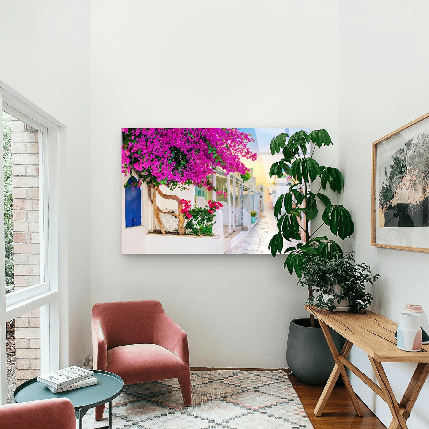 Santorini Greece Bougainvillea Alley Acrylic Glass Printing Wall Art Australian Made Quality
