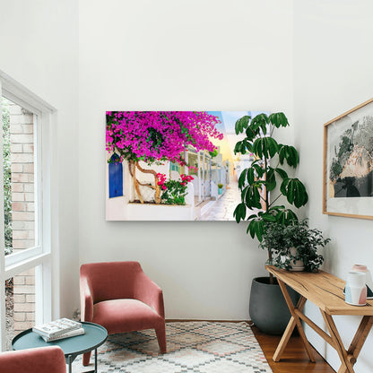 Santorini Greece Bougainvillea Alley Acrylic Glass Printing Wall Art Australian Made Quality