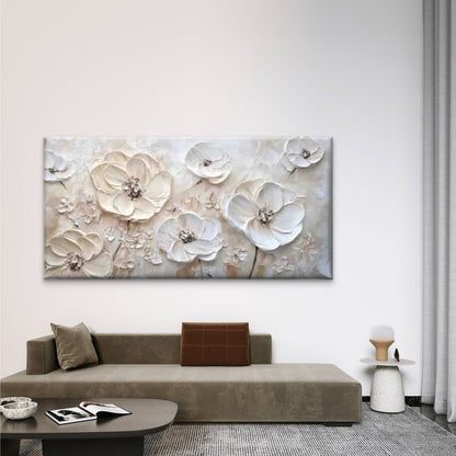 Beige White Floral Wall Art Canvas Office Home Room Framed 120x60cm - Bella Home Decor