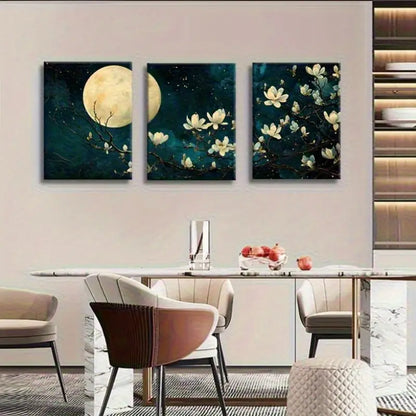3pcs Elegant Dark Teal & Golden Floral Prints Metal Print Ready to Hang Art