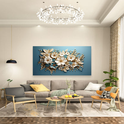 Gilded Azure Floral Harmony Wall Art Canvas Office Home Room Framed 120x60cm - Bella Home Decor