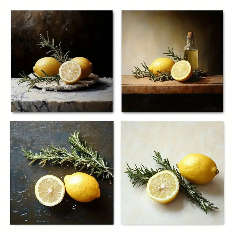 4pcs Vintage Lemon Print Wall Art Canvas Framed