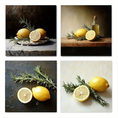 4pcs Vintage Lemon Print Wall Art Canvas Framed