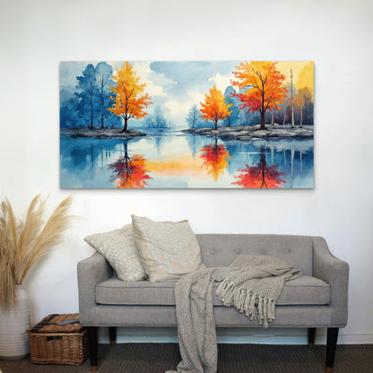 Vibrant Autumn Lake Reflection Wall Art Canvas Office Home Room Framed 120x60cm