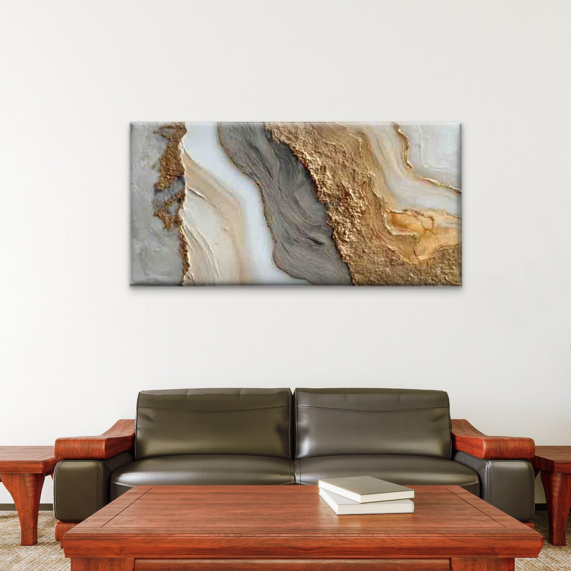 Golden Marbled with Beige Tones Wall Art Canvas Office Home Room Framed 120x60cm - Bella Home Decor