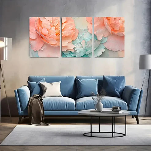 3pcs Summer Peony Petals in Peach & Aqua Wall Art Set Canvas Unframed - High Quality Print 100% Australian Made Wall Canvas