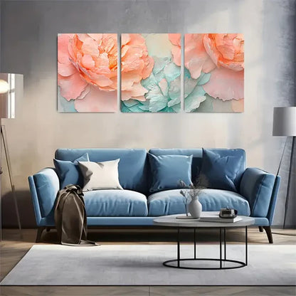 3pcs Summer Peony Petals in Peach & Aqua Wall Art Set Canvas Unframed - High Quality Print 100% Australian Made Wall Canvas
