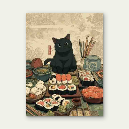 Black Cat & Sushi Rolls Metal Print Ready to Hang