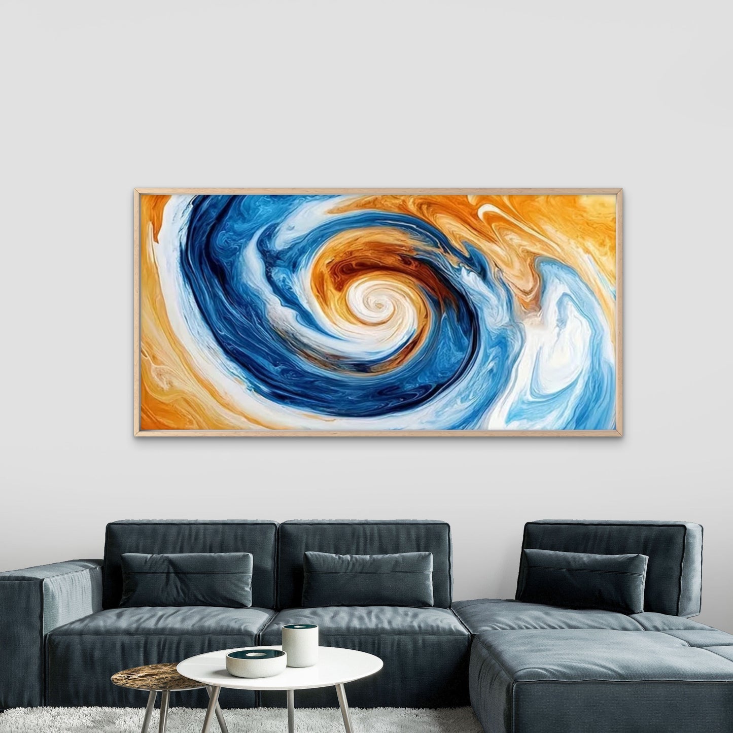 Swirling Design in Blue, Orange Wall Art Canvas Office Home Room Framed 120x60cm