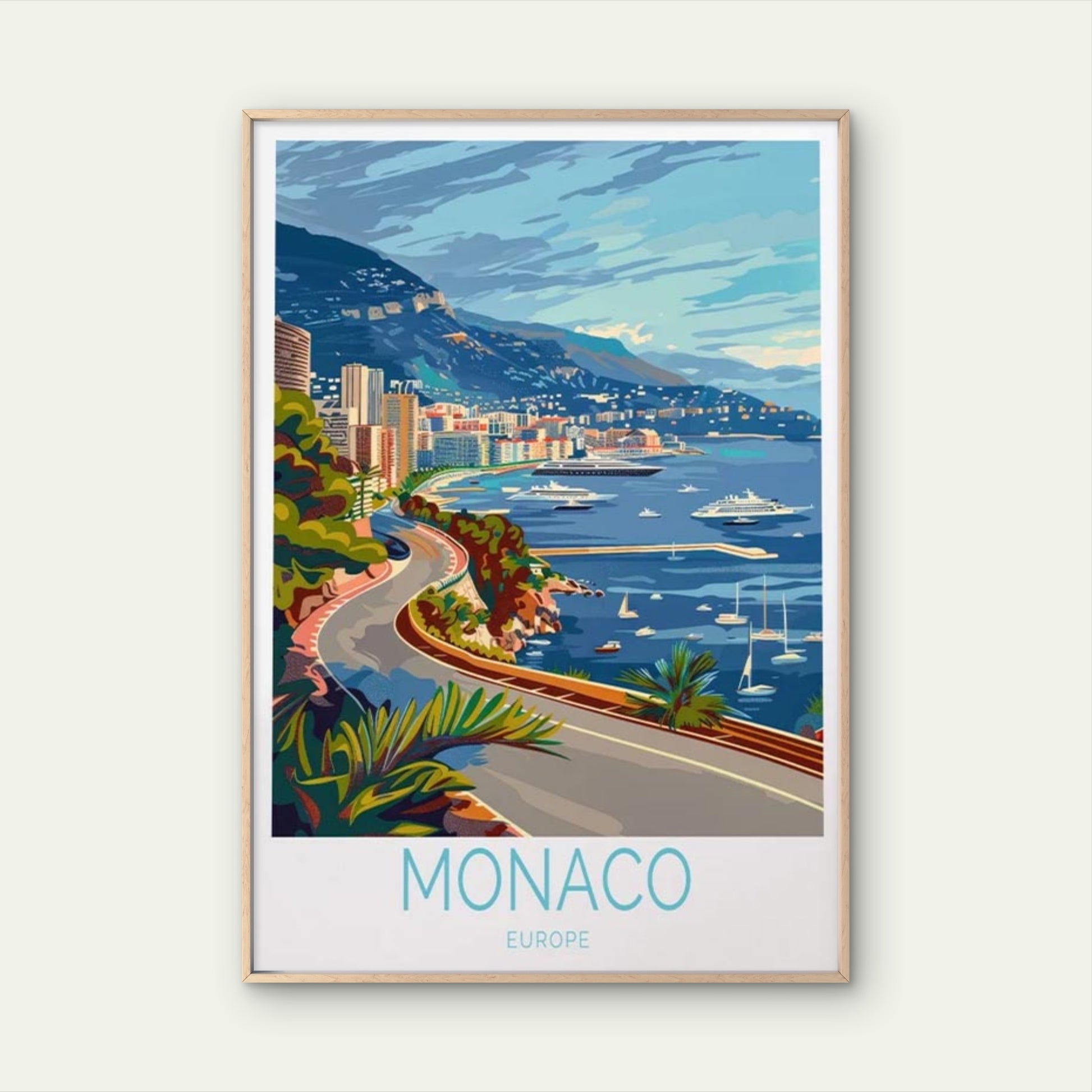 Monaco Europe, Beach & Yacht in Sea Art Travel Poster Print Wall Art - Bella Home Decor