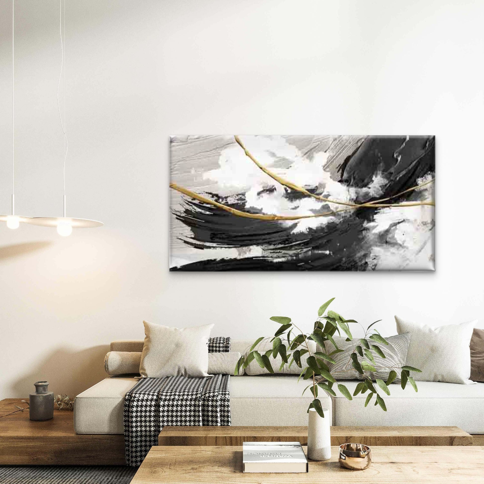 Black, White, And Golden Colors Wall Art Canvas Office Home Room Framed 120x60cm - Bella Home Decor