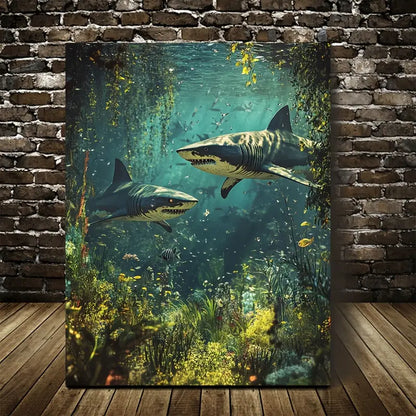 Steampunk Shark Scene With Mystical Aura 40x60cm Metal Print Ready to Hang - Bella Home Decor