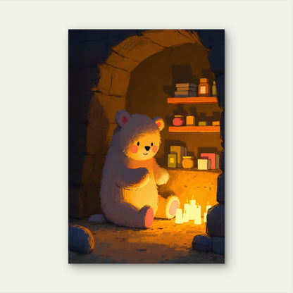 Cozy Bear in Stone Room with Candles 60x90cm Metal Print Ready to Hang