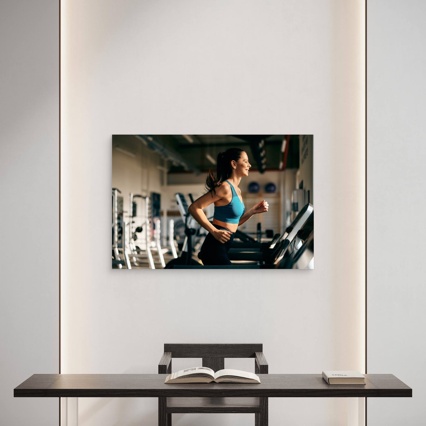 Female Athlete Running On Treadmill Gym Fitness 5mm thick Plastic Poster Ready to Hang 90x60cm
