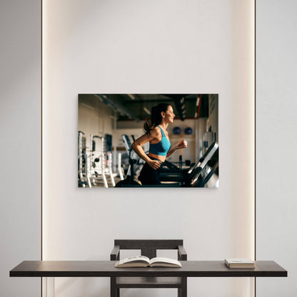 Female Athlete Running On Treadmill Gym Fitness 5mm thick Plastic Poster Ready to Hang 90x60cm