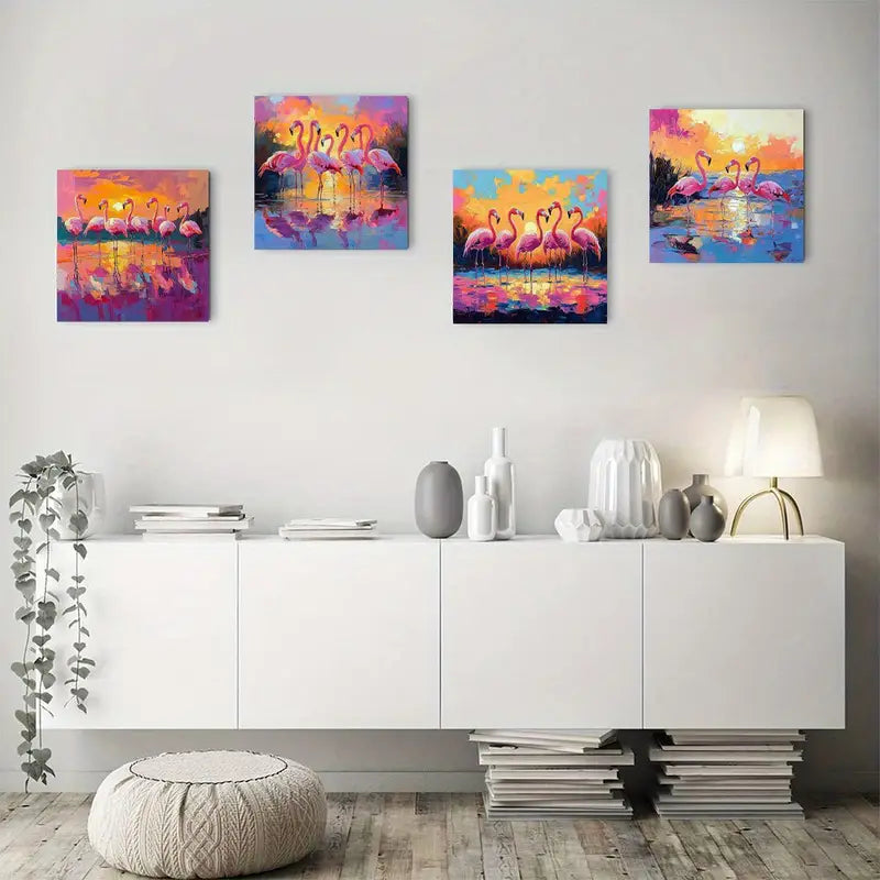 4pcs Flamingo Picture Artwork Wall Art Canvas Framed