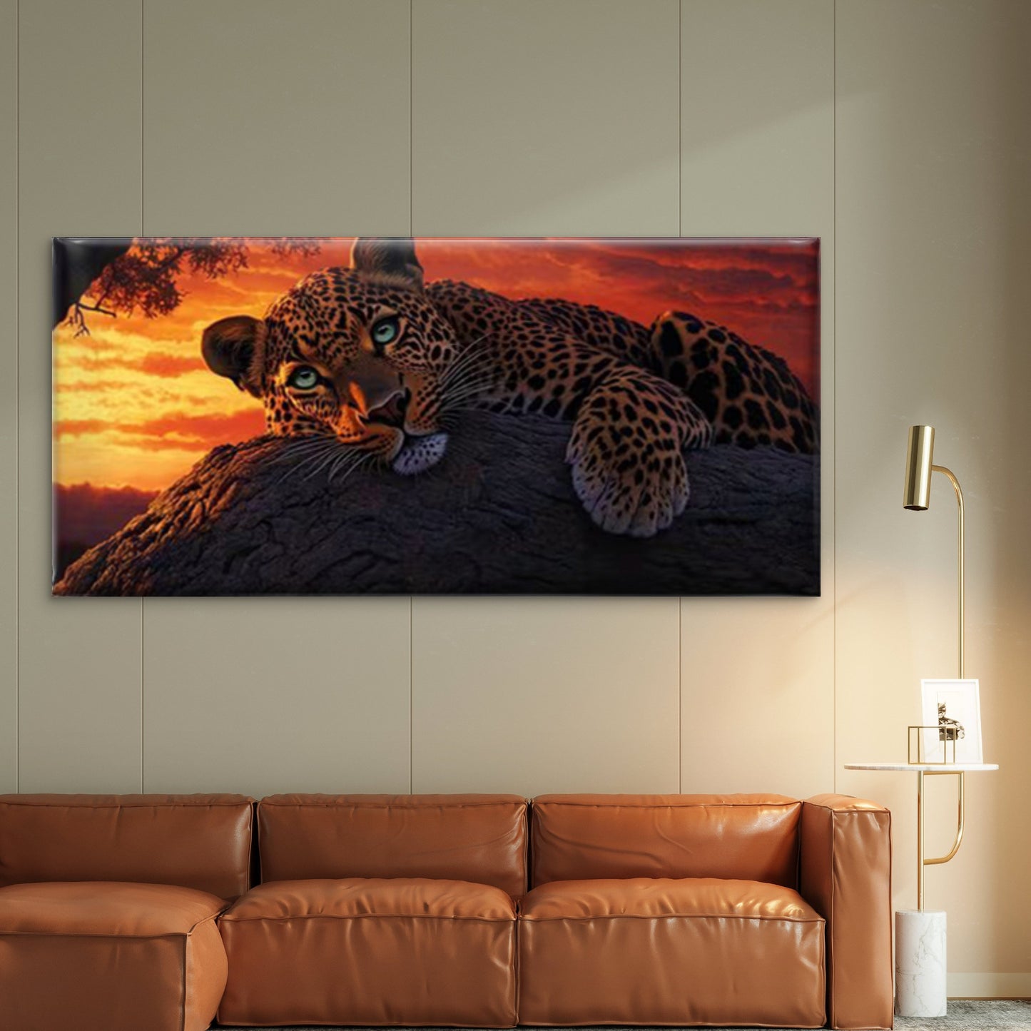 Leopard Sunset Rustic Wildlife Wall Art Canvas Office Home Room Framed 120x60cm