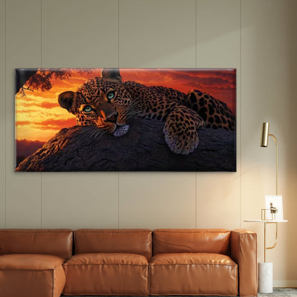Leopard Sunset Rustic Wildlife Wall Art Canvas Office Home Room Framed 120x60cm