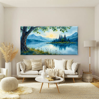 Serene Mountain Lake Sunrise Wall Art Canvas Office Home Room Framed 120x60cm