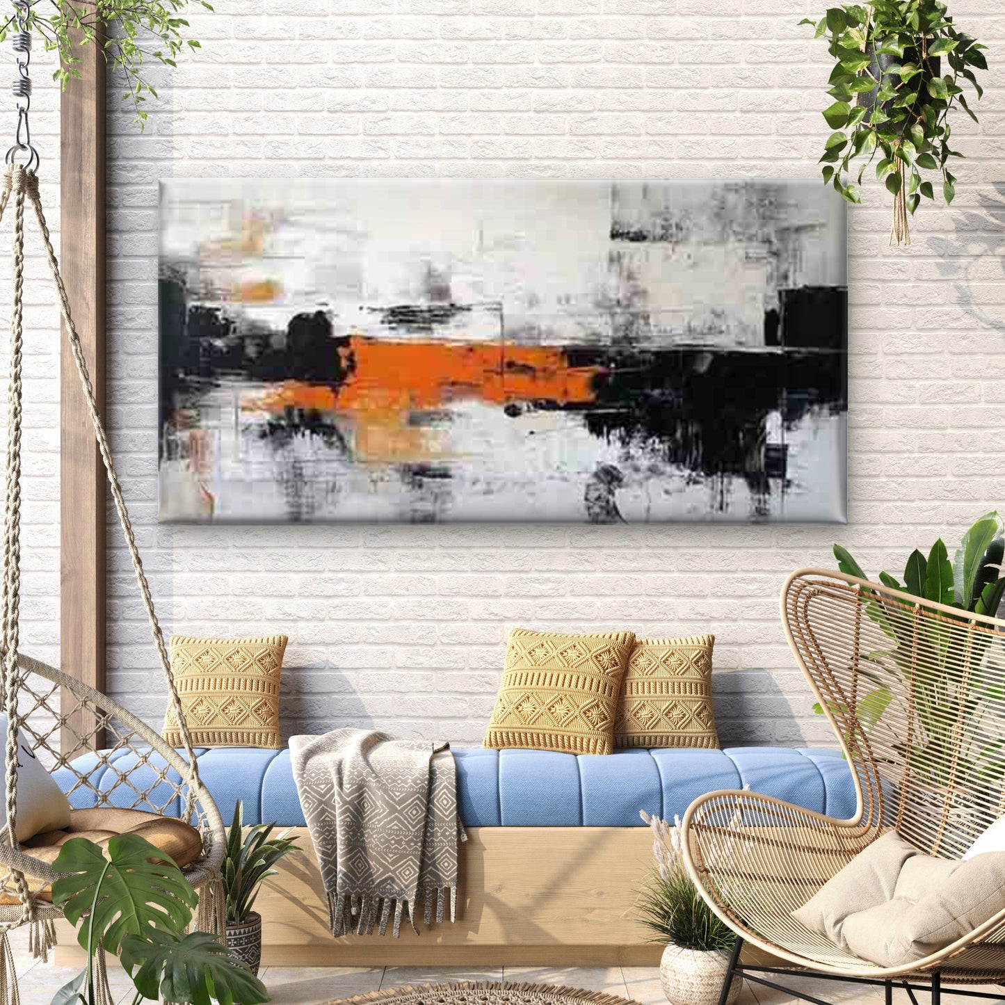 Abstract Orange Brushstroke Wall Art Canvas Office Home Room Framed 120x60cm