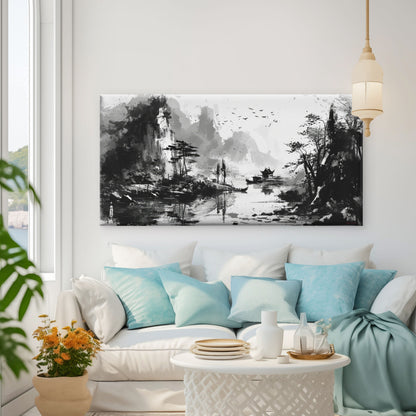 Waterside Mountain Ink Painting Wall Art Canvas Office Home Room Framed 120x60cm