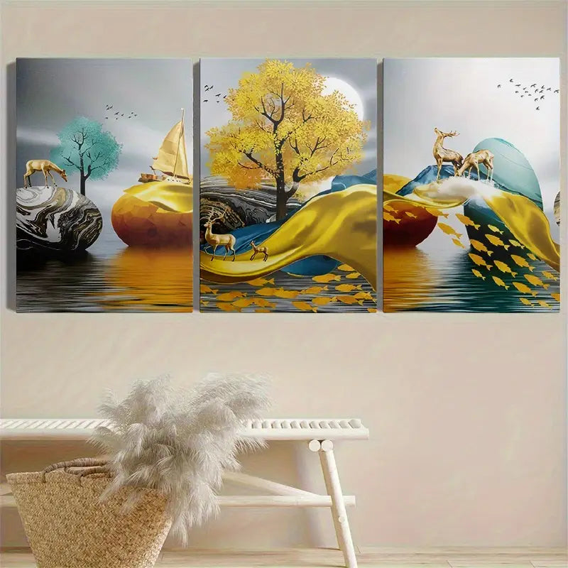 3pcs Deer Geometric Abstractions Metal Print Ready to Hang Art - Bella Home Decor