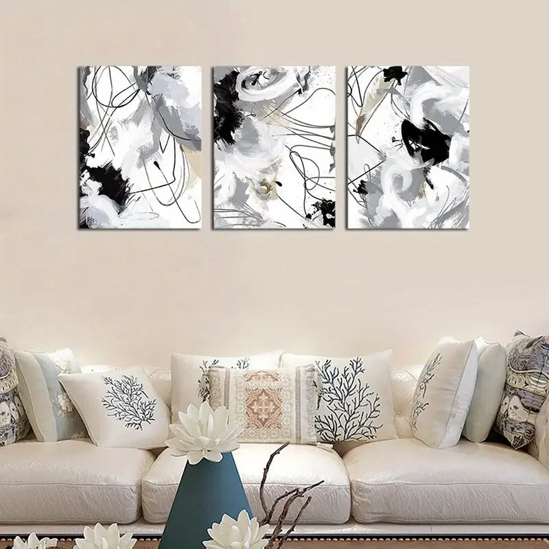 3pcs Black, White & Gray Swirls - Print Ready to Hang Art - Bella Home Decor