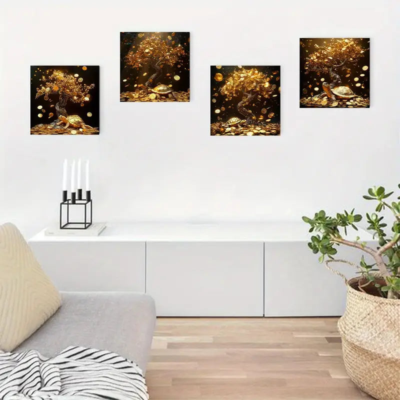 4pcs Golden Tree Golden Turtl  Wall Art Canvas Framed