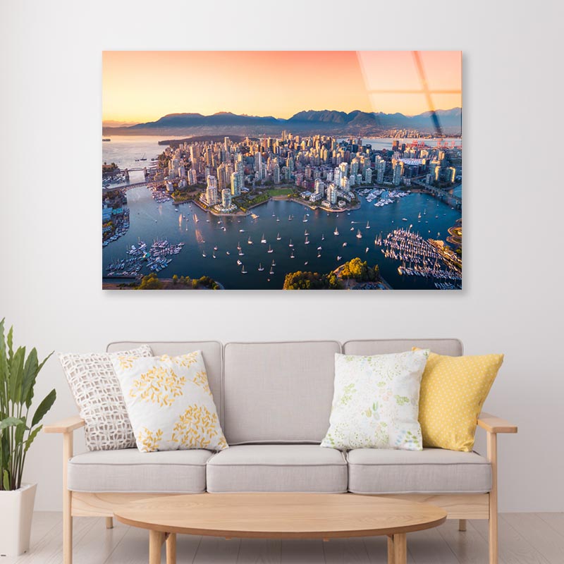 Beautiful Aerial View of Downtown Vancouver Skyline, British Columbia, Canada at Sunset Acrylic Glass Print Tempered Glass Wall Art 100% Made in Australia Ready to Hang