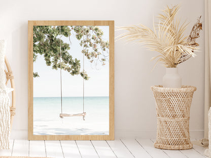 Beach Swing & Tree near Beach Photograph Glass Framed Wall Art, Ready to Hang Quality Print Without White Border Oak