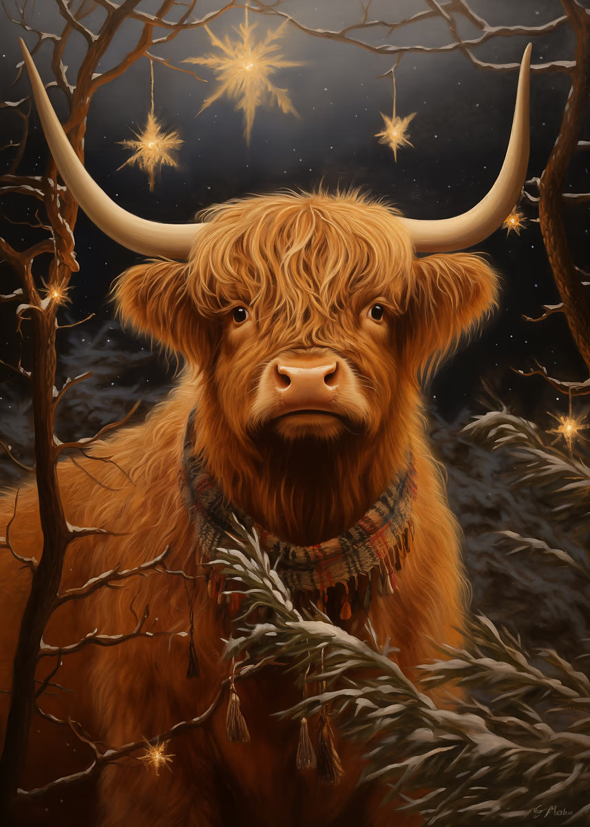 Scarf Highland Cow Stars 40x60cm Metal Print Ready to Hang - Bella Home Decor