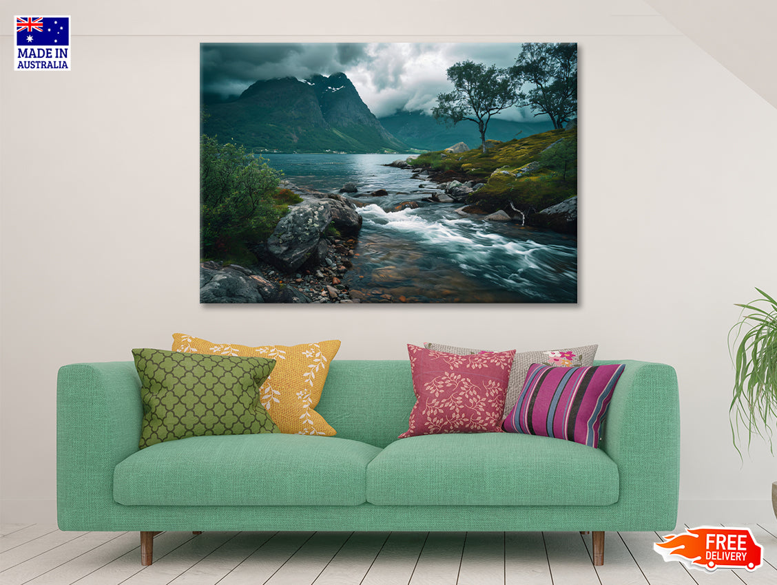 River Flowing Through a Valley with Trees & Mountains Print 100% Australian Made - Bella Home Decor