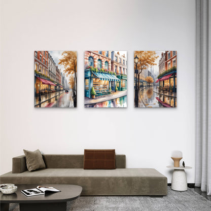 3pcs Paris Cafe Street Autumn Bakery Scene Painting Wall Art Set Canvas Framed 40x60cm - High Quality Print 100% Australian Made Wall Canvas Ready to Hang