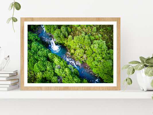 Tawhai Falls In Tongariro Park Glass Framed Wall Art, Ready to Hang Quality Print With White Border Oak