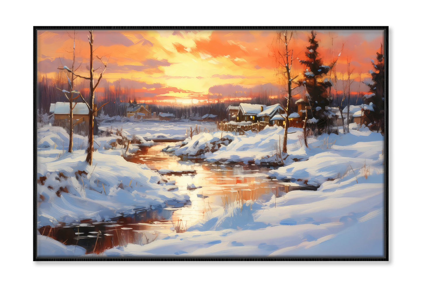 House in Forest Snow Field & Sunset Sky Painting Wall Art Limited Edition High Quality Print Canvas Box Framed Black