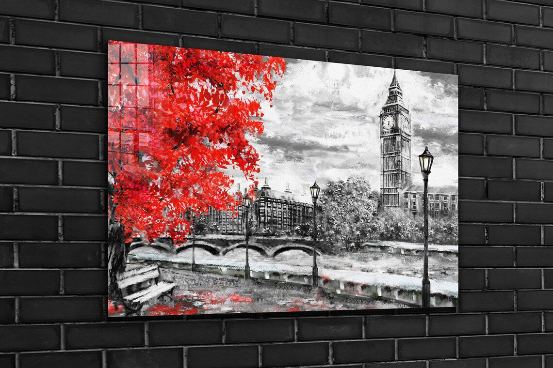 Red Tree Big Ben Tower UV Direct Aluminum Print Australian Made Quality