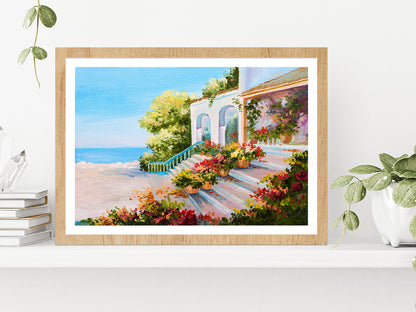 Terrace Near The Sea, Flowers Glass Framed Wall Art, Ready to Hang Quality Print With White Border Oak