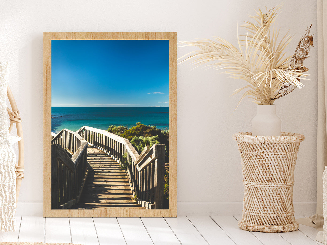 Wooden Staircase & Blue Sky Beach Photograph Glass Framed Wall Art, Ready to Hang Quality Print Without White Border Oak