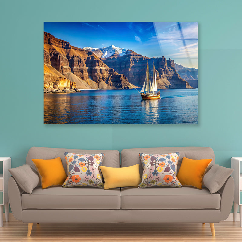 Sailboat Sailing In the Sea, Mountains in Greece Acrylic Glass Print Tempered Glass Wall Art 100% Made in Australia Ready to Hang - Bella Home Decor