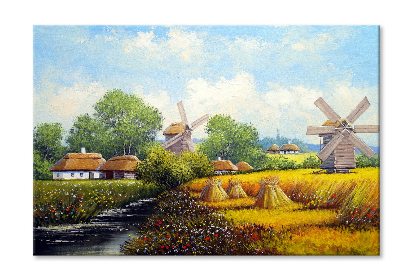 Mill near Village Houses & River with Blue Sky Painting Wall Art Limited Edition High Quality Print Stretched Canvas None